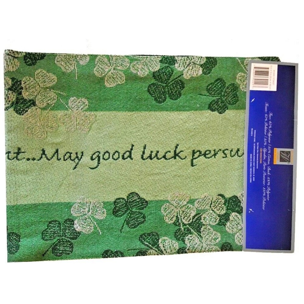 St Patrick's Day Table Runner Good Luck Tapestry Green Shamrocks 13x72"
